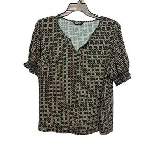 Bloomchic Dark Green Geometric Chain Link V-Neck Blouse Smocked Cuffs Size 18-20